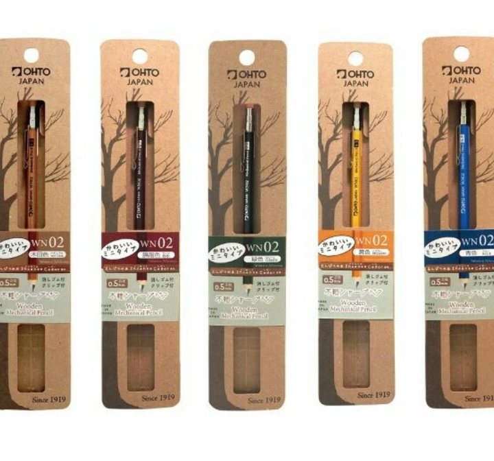 Set of Ohto pencil packages with different colors on a white background