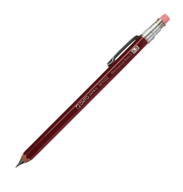 Mechanical pencil with a red body and silver clip on a white background