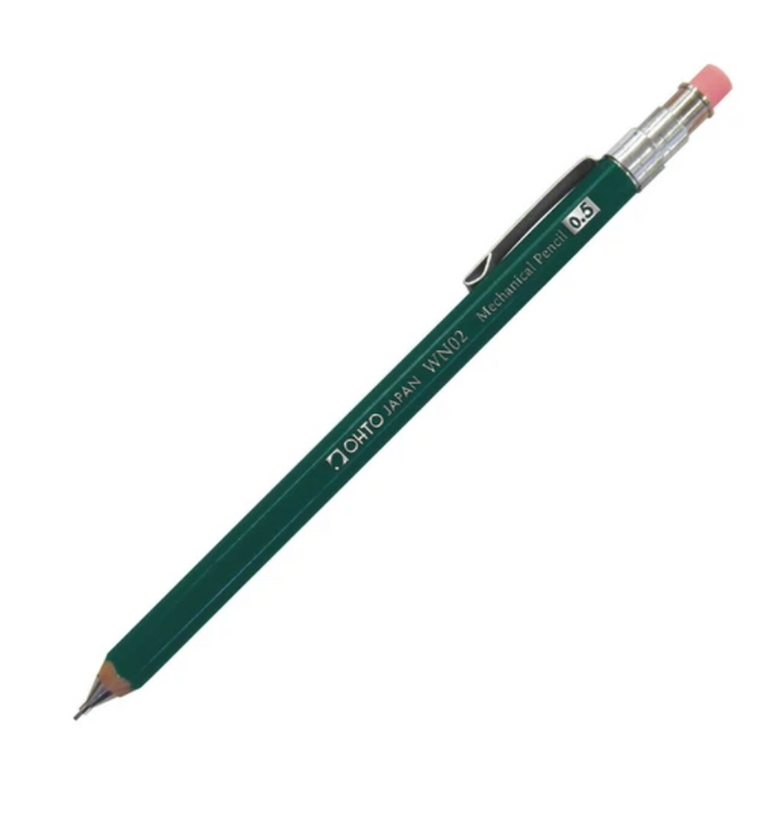 Green mechanical pencil with pink eraser on a white background