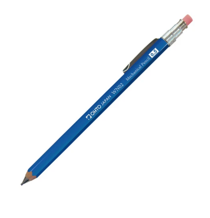Blue mechanical pencil with a pink eraser on a white background