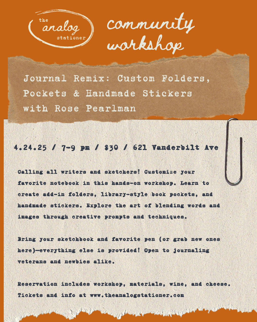 Join Journal Remix with Rose Pearlman! Customize your notebook with handmade stickers, pockets, and add-in folders while exploring creative journaling techniques. Bring your favorite sketchbook and pen or pick up new ones here. Open to all skill levels. Reservation includes materials, wine, and cheese.