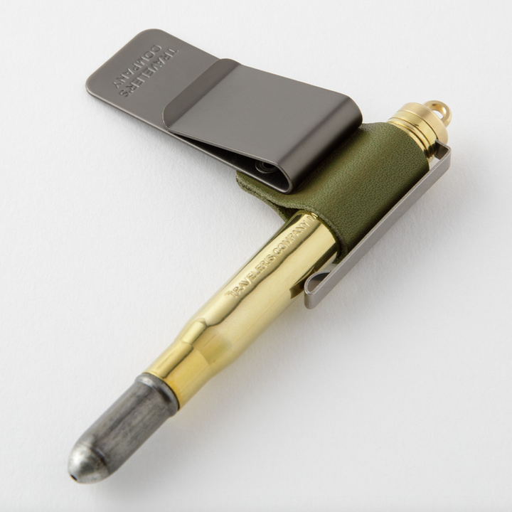 Traveler's Company Brass Ballpoint Pen & 016 Pen Holder, Olive 
