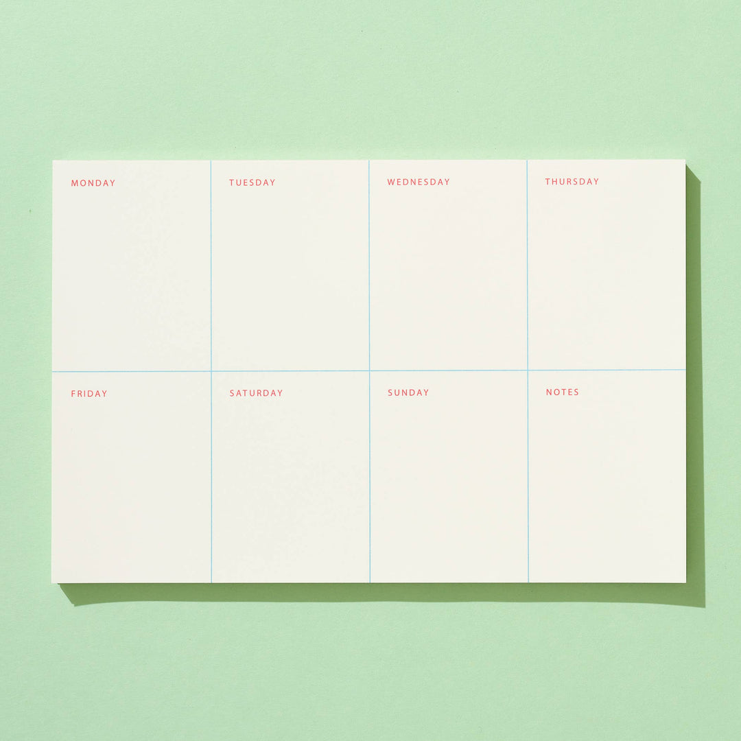 Weekly planner sheet with days of the week on a light green background