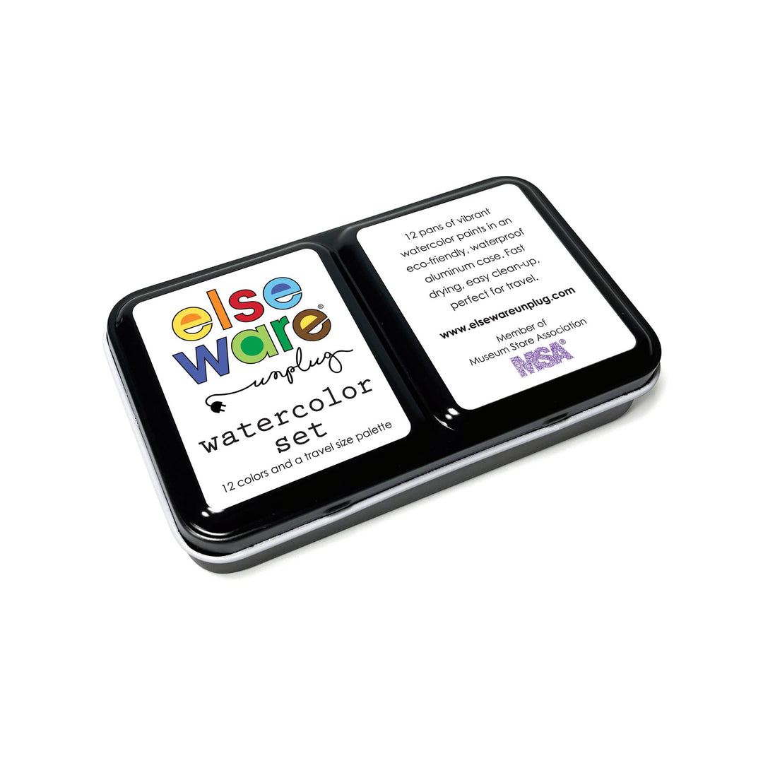Watercolor set packaging with colorful text on a white background