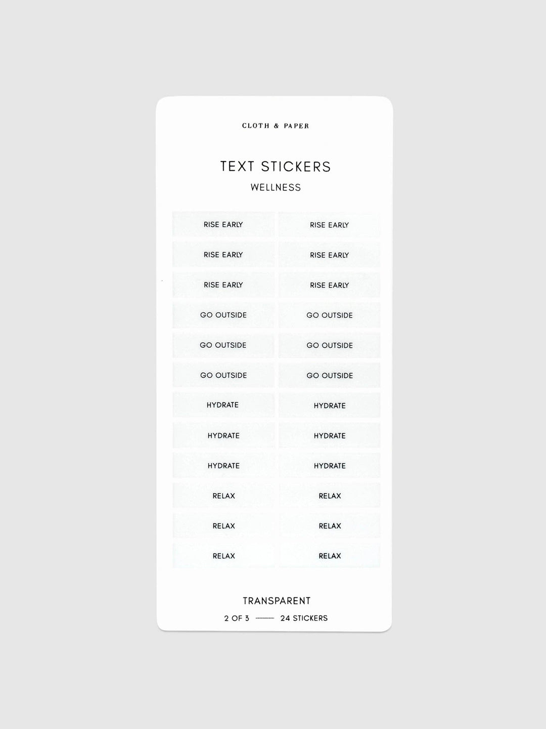 Sheet of text stickers for wellness on a white background