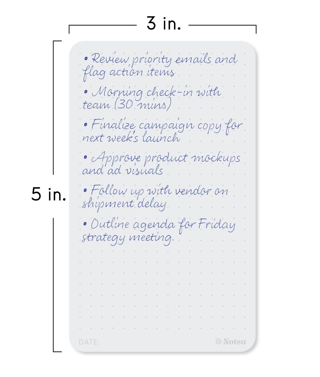 Notepad with a to-do list and dimensions labeled on a white background.