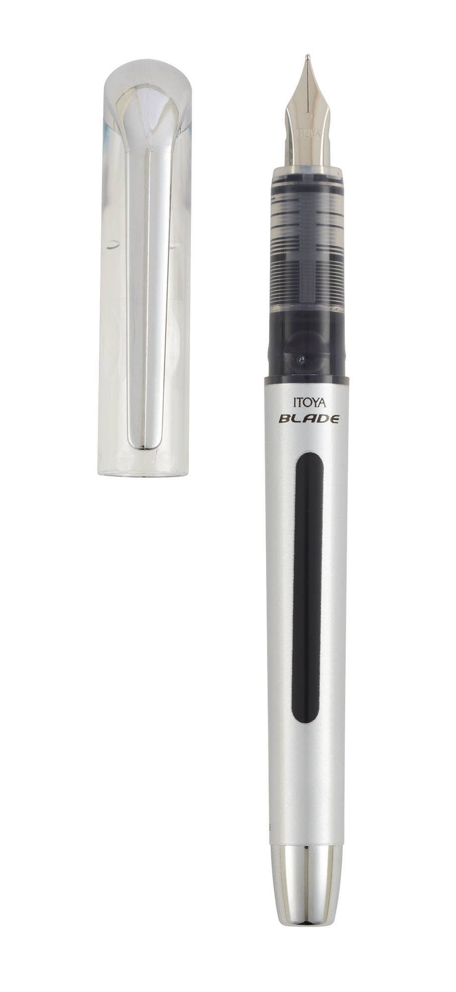 Silver fountain pen with black accents on a white background