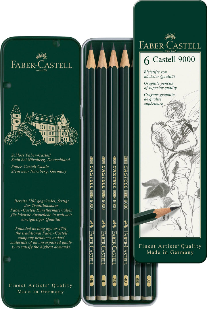 Castell 9000 Graphite Pencils for Drawing, Tin of 6