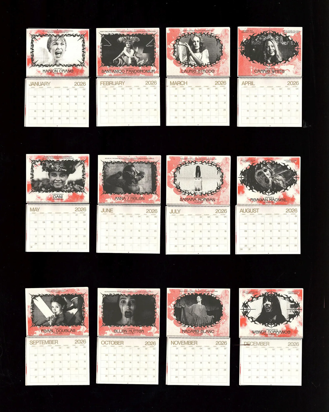 Calendar with black and white portraits on a black background