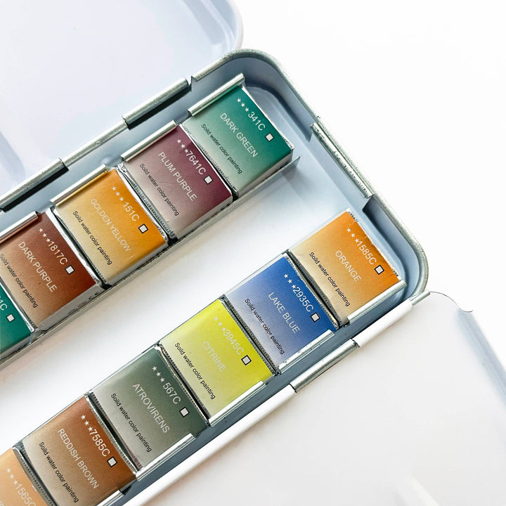 Set of watercolor pans in a metal case on a white background