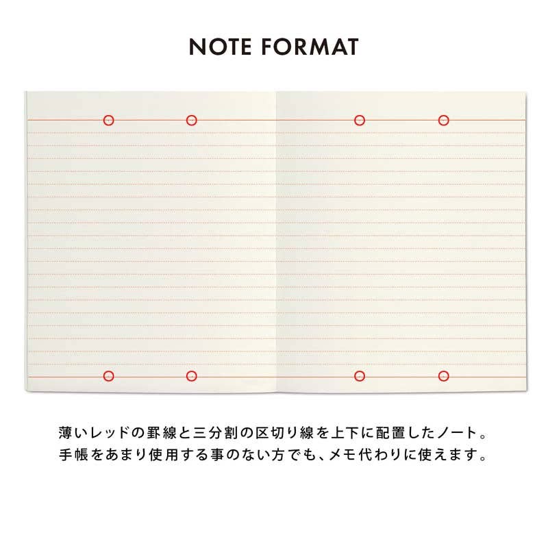 Notebook page with red margin lines and three-part division lines on a white background