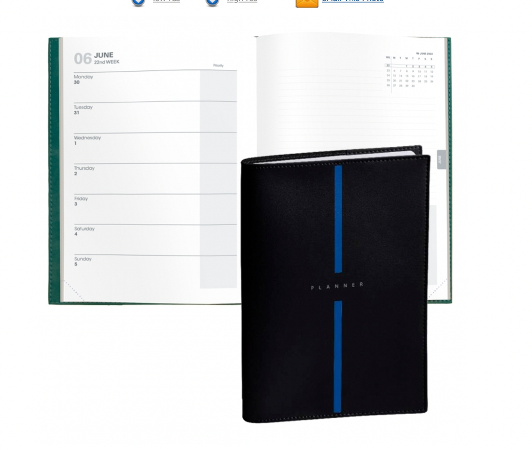 Black planner with blue accent on a white background