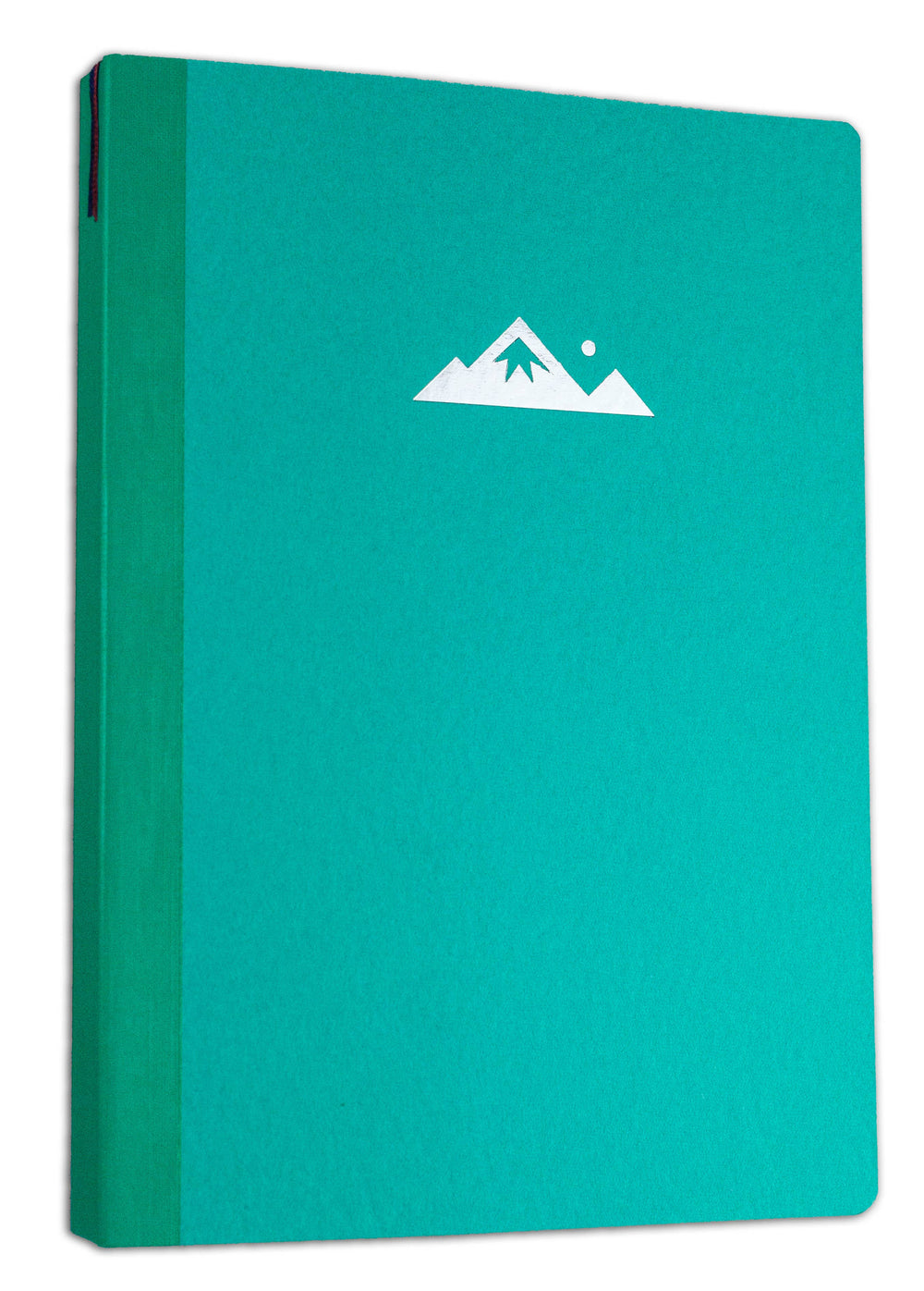 Teal notebook with a white mountain logo on a white background