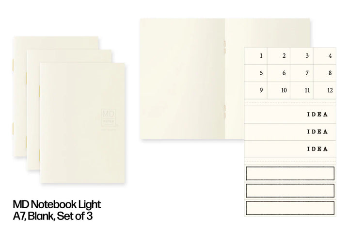 Set of three light cream notebooks with different designs on a white background
