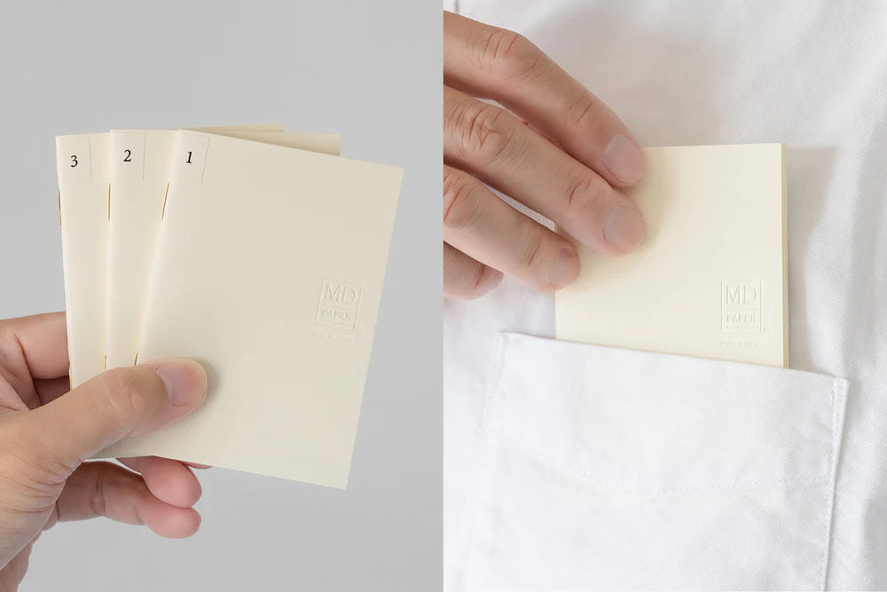 Two images showing a stack of beige cards with embossed numbers and a hand placing one card into a white pocket.