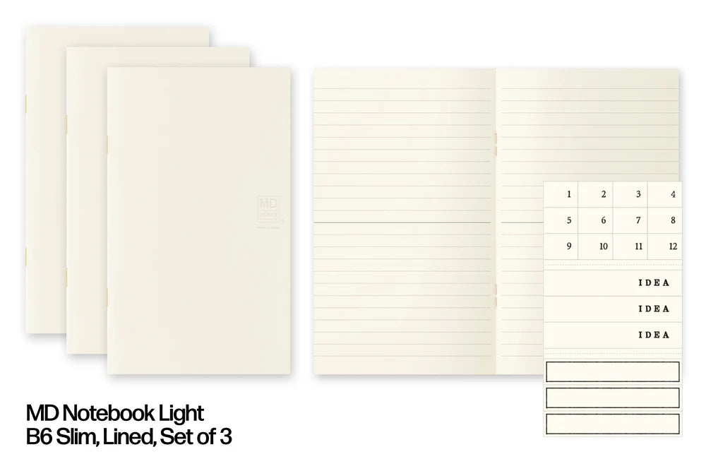 Set of three light B6 slim notebooks with lined pages and a calendar page.