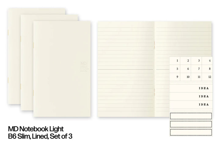 Set of three light B6 slim notebooks with lined pages and a calendar page.