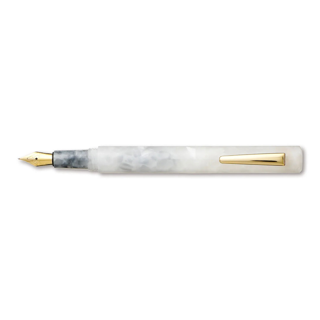 White marbled fountain pen with gold accents on a white background