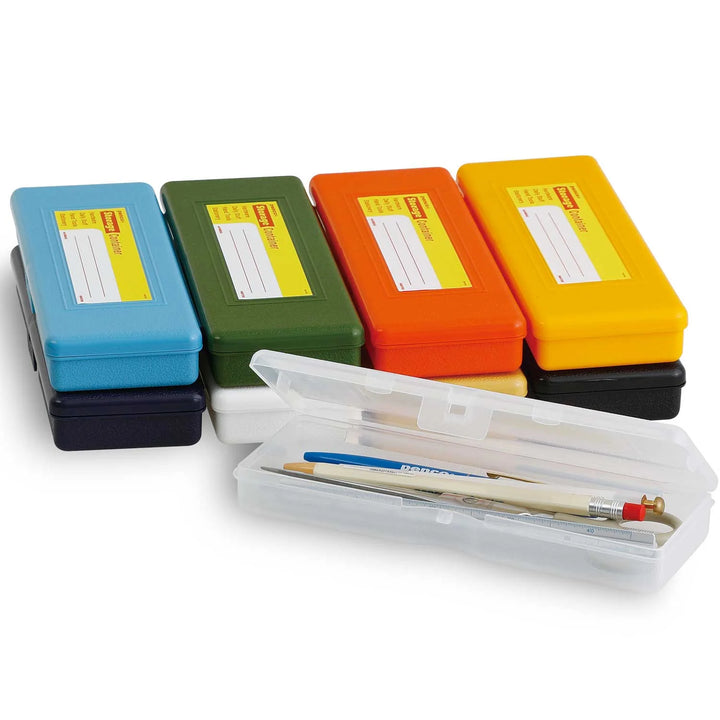 Set of color-coded pen cases with a clear lid showing brushes inside on a white background.