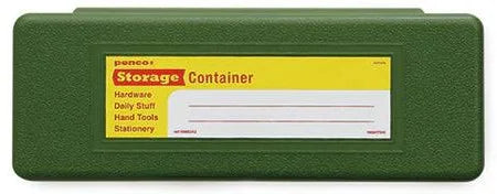 Green storage container with a label on a white background